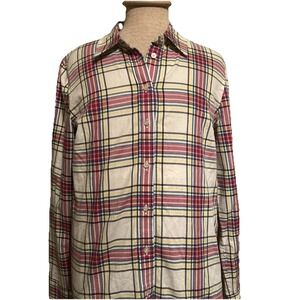 Talbots Classic Button Down Shirt Blouse Windowpane Plaid Cream Red Yellow Med